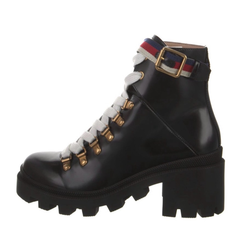 NWT Gucci Women's Black Combat Lace-Up Boots with Gold Accents US 5, 5.5